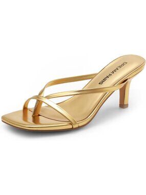 DREAM PAIRS Women's Gold Flip Flops Kitten Low Heels Open Square Toe Heels